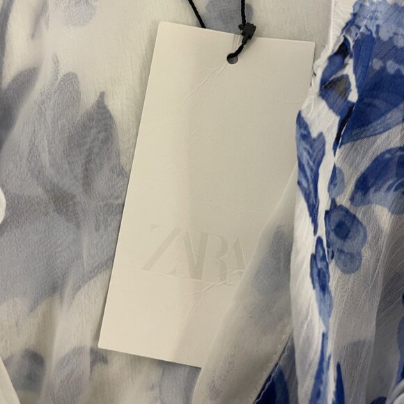 Zara Womens Midi Dress S Small White Blue Printed Elastic Waist 3099/246 NWD - Picture 4 of 14